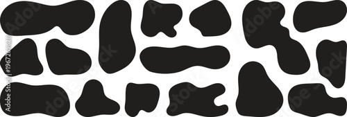 Set of black cow spots or organic liquid blobs, Organic shape round form set. Liquid organic blob curve background abstract shape frame.