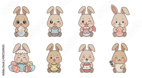Cute cartoon bunnies with easter eggs.