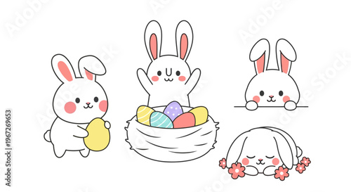 Cute cartoon bunnies with easter eggs.