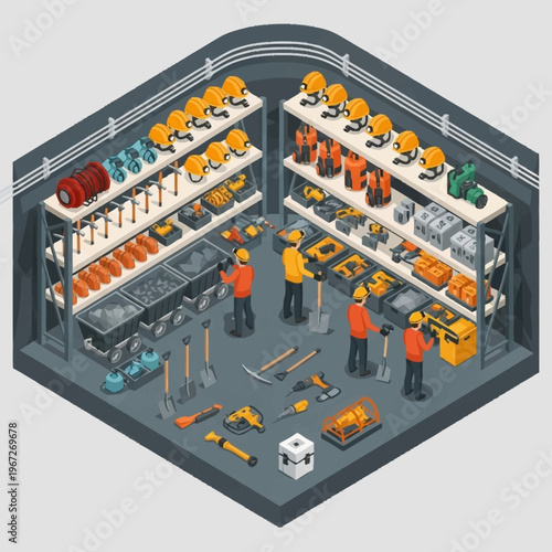 Isometric View of a Well-Stocked Construction Equipment Storage Room.