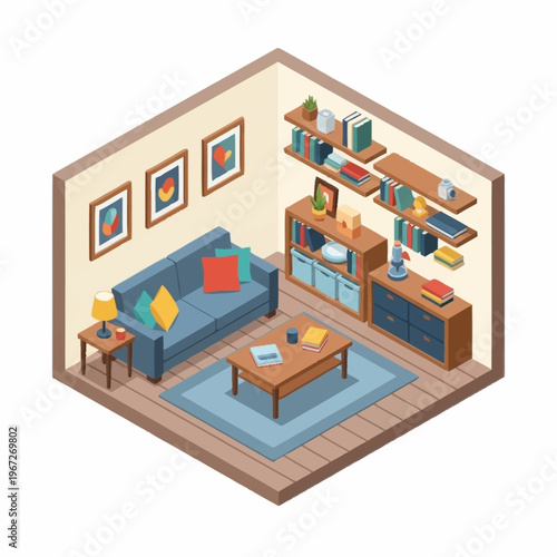 Isometric Living Room Interior Design with Furniture and Decorations.