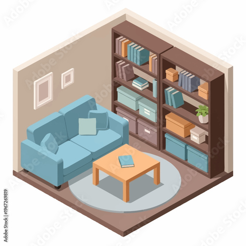 Isometric Living Room Illustration with Bookshelf and Blue Sofa.
