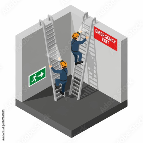 Emergency Exit Training - Workers Ascending Ladders in Safety Drill.