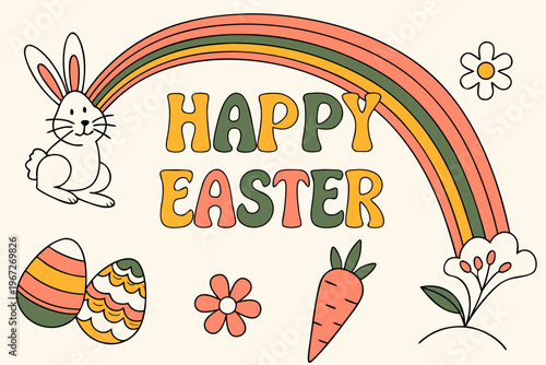 Happy Easter retro rainbow bunny and decorated eggs illustration with flowers and carrot