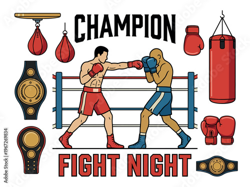 Two boxers fighting in a boxing ring during a championship fight night.