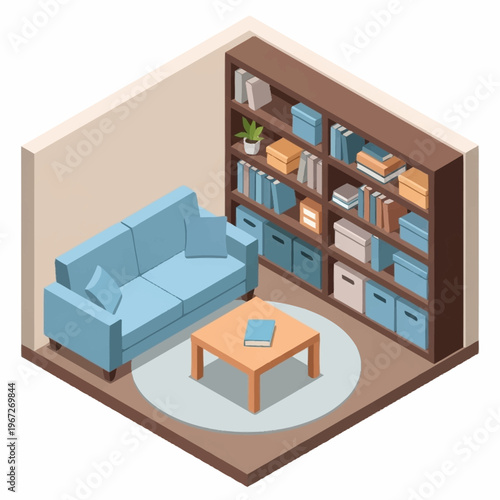 Isometric Reading Room with Bookshelf, Sofa, and Coffee Table.