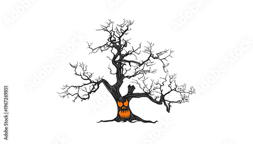 A bare tree with an orange jack-o-lantern carved into the trunk