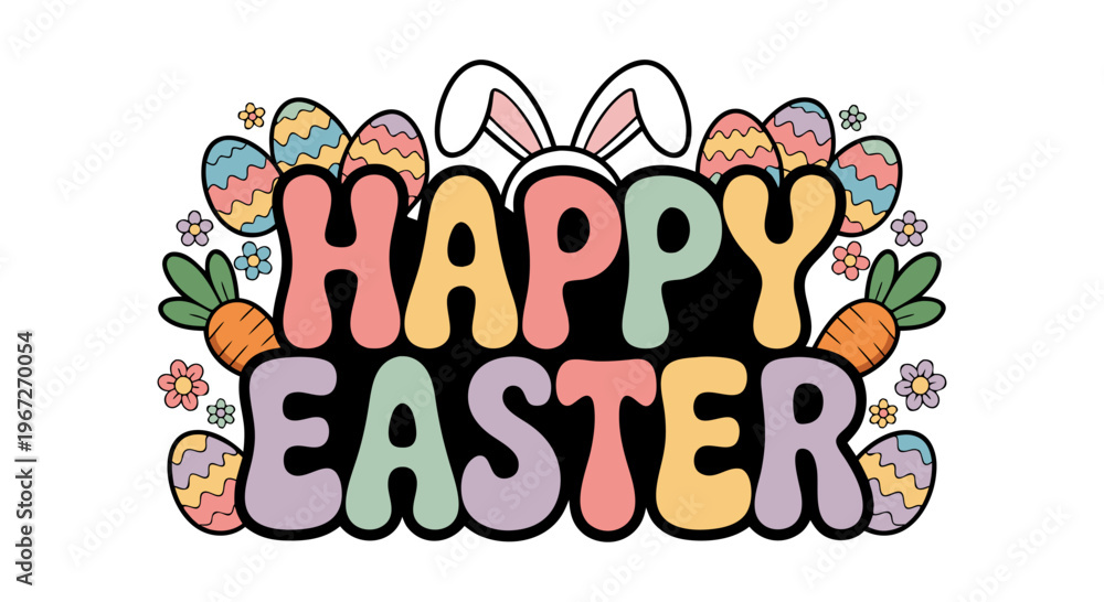 Obraz premium Happy Easter text with cute bunny ears and colorful Easter eggs and carrots illustration