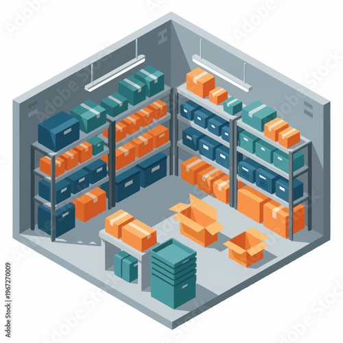 Isometric Storage Unit with Shelves and Boxes Illustration.