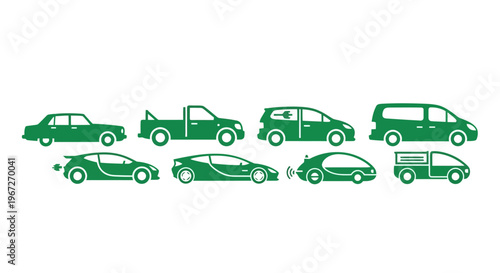 Green cars and vans in lineup.