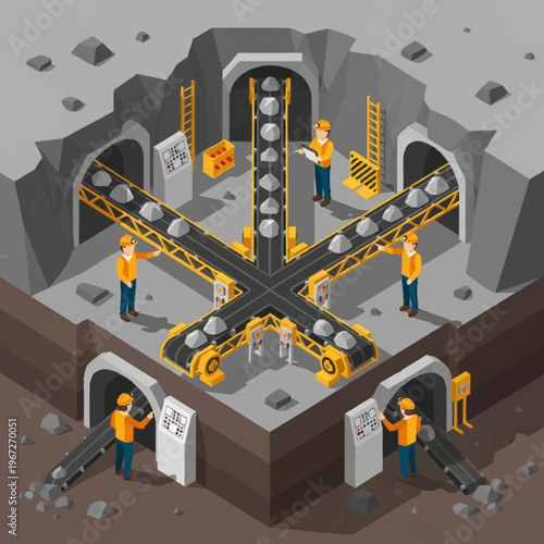 Isometric Mining Operation with Conveyor Belts and Workers.