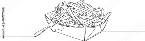 continuous line drawing of a portion of french fries in a paper tray with a small fork, line art vector illustration