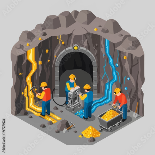 Isometric Gold Mine Scene with Miners Extracting Gold.