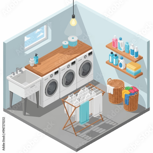 Isometric Laundry Room with Washing Machines and Drying Rack.