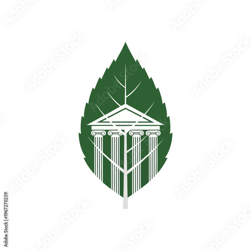 Green leaf incorporating classical architectural pillars, representing natural law and authority, on an isolated white background.