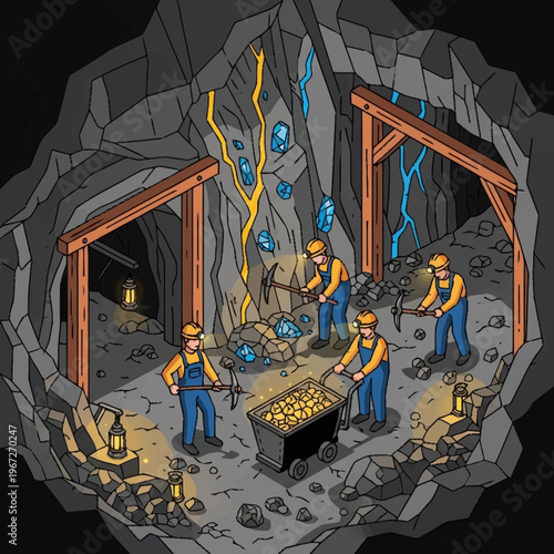 Isometric Illustration of Miners Extracting Precious Gems in a Mine.