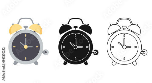 Three Different Style Alarm Clocks Side.