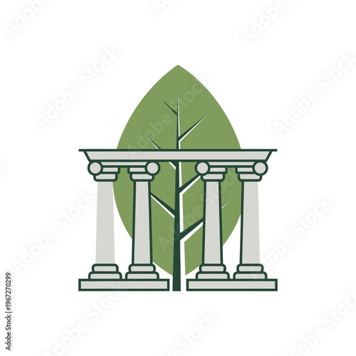Classical Pillars with Green Leaf Background, isolated white background