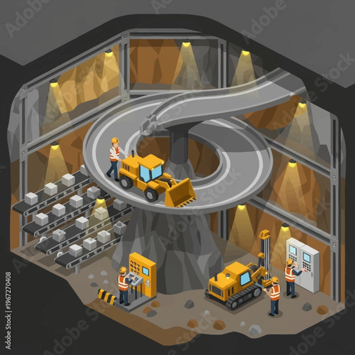 Isometric Mining Operation with Workers and Heavy Machinery.