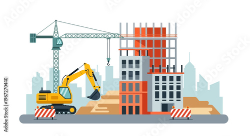 Yellow Excavator at Construction Site.