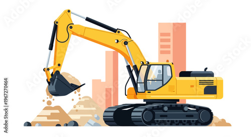 Yellow excavator digging with bucket.