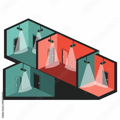 Isometric view of interconnected rooms with focused lighting.