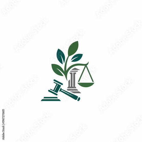 Scales of justice with books and growing plant representing legal education and environmental law isolated white background