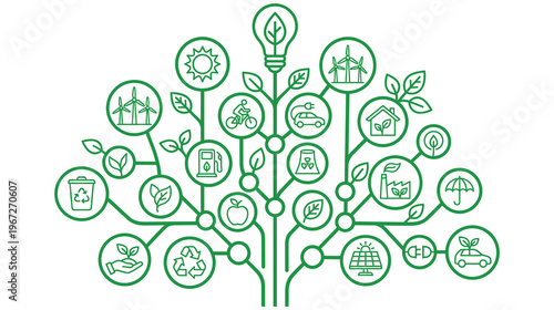 Green energy tree concept with ecology icons for environmental care.
