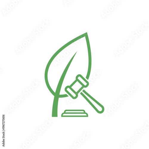 Green leaf and gavel icon representing environmental law isolated white background