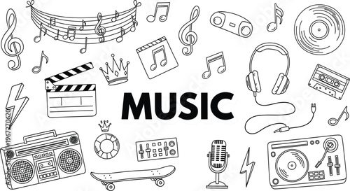 Comprehensive Music and Lifestyle Vector Doodle Collection Featuring Hand Drawn Boombox Headphones Turntable Microphone and Musical Note Sketches for Urban Creative Graphic Design Projects