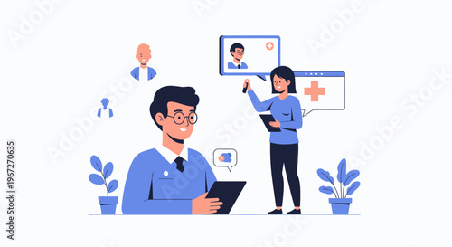 Doctor and nurse telemedicine consultation flat design vector illustration