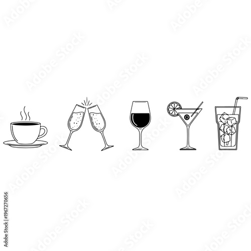 Collection of beverage icons including coffee cup champagne toast wine glass cocktail and iced drink in minimalist black and white line art for restaurant menu bar cafe and celebration decoration.