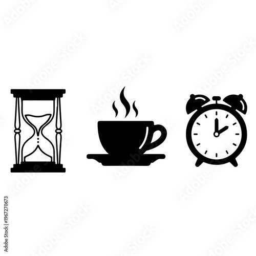 Productivity and time management icons set including an hourglass coffee cup and alarm clock black and white vector illustration for office routine daily schedule morning breaks and work ethics.