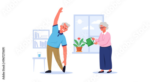 Senior couple exercising at home with plant vector illustration flat design
