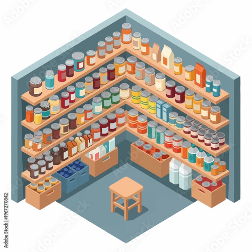 Isometric Pantry Room with Shelves Stocked with Food Supplies.
