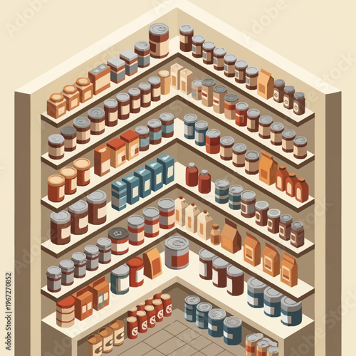 Isometric pantry shelves stocked with various food items.