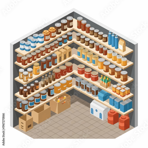 Isometric Pantry Illustration - Organized Shelves with Food Storage and Supplies.