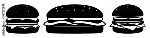 Plant-based meat burger icon set with solid black outline on white background featuring plant-based burger, simple line art, minimalist with black and white and food illustration