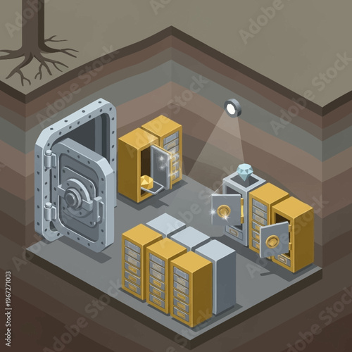 Isometric Vault Room with Safes and Secure Storage.