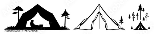 Forest camping tent icon set with solid black silhouette against white background featuring outdoors, camping, tent icon with design and illustration for travel, adventure, nature