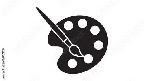 Palette with paintbrush icon with white circles for colors, isolated on a clean white background featuring brush, art supplies, painting with artist