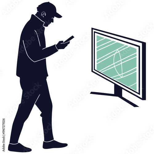Silhouette of a man using a phone while watching a soccer match on television