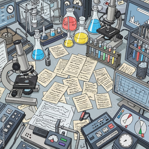 Illustration of a cluttered science lab bench with equipment and research papers.