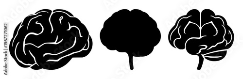 Brain learning icon set with solid black design on white background featuring brain, education, knowledge with memory and growth