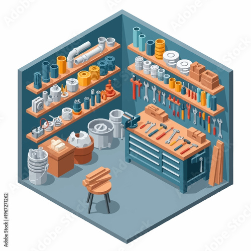 Isometric Workshop Interior with Tools and Supplies on Shelves.