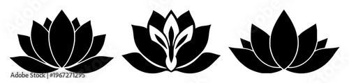 Lotus flower icon set with solid black outline on white background featuring mindfulness, meditation, minimal line art with simplicity and clarity