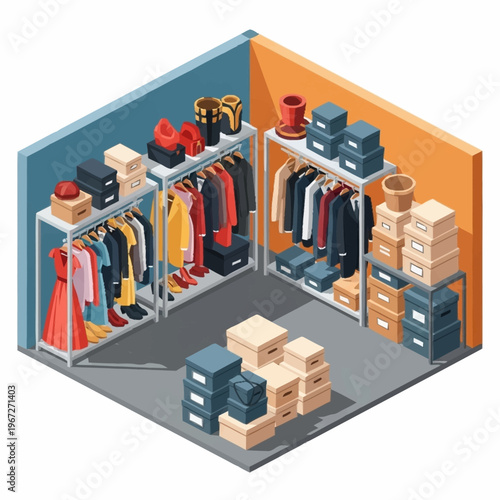 Isometric Storage Unit with Clothes and Boxes Illustration.