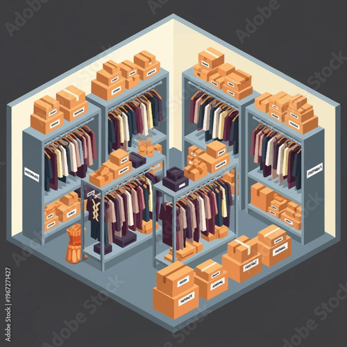 Cuadro en lienzo Isometric Wardrobe Room with Clothes and Boxes.