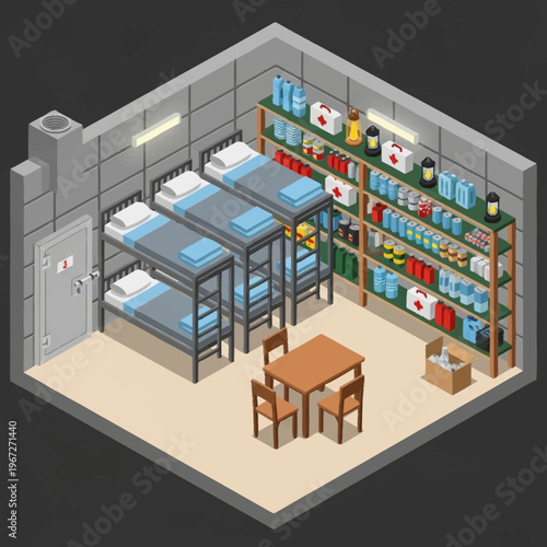 Isometric View of a Prison Cell with Bunk Beds and Supplies.