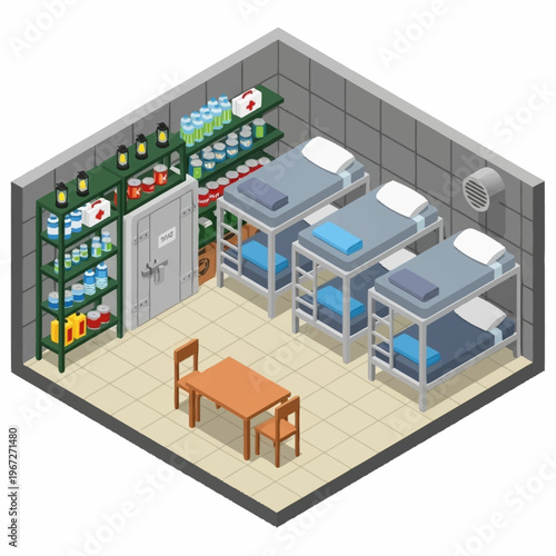 Isometric View of a Prison Cell with Bunk Beds and Supplies.